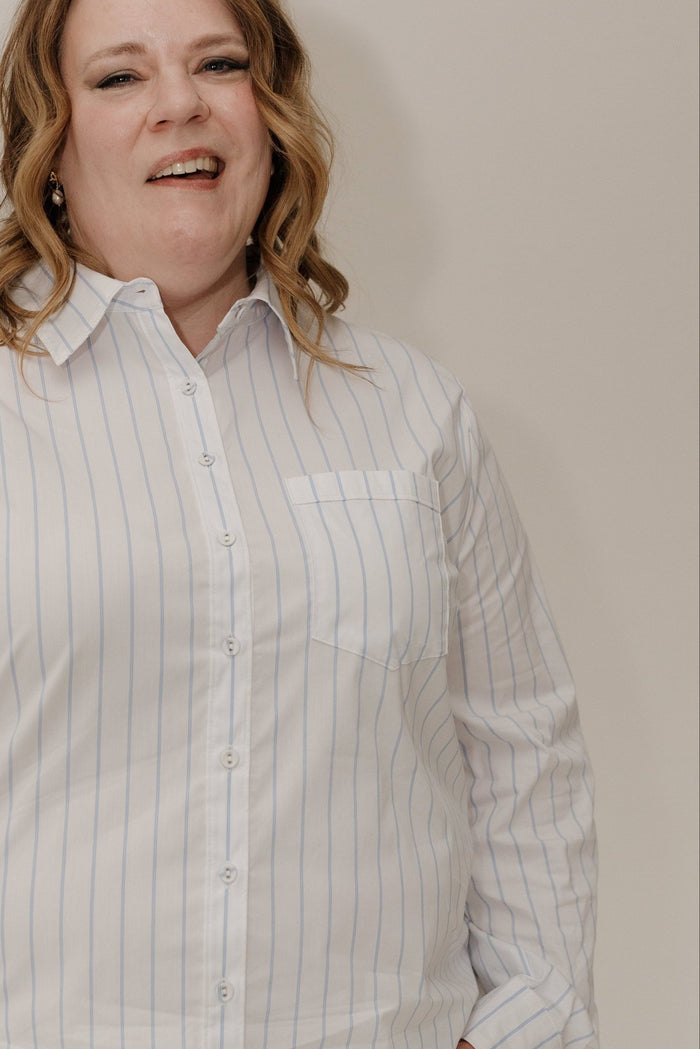 Classic Relaxed Striped Poplin Button Down - Off White | Classic Blue - Love Marlow