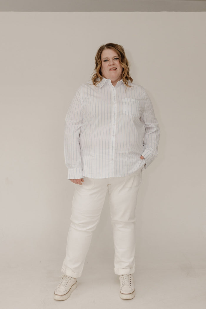 Classic Relaxed Striped Poplin Button Down - Off White | Classic Blue - Love Marlow