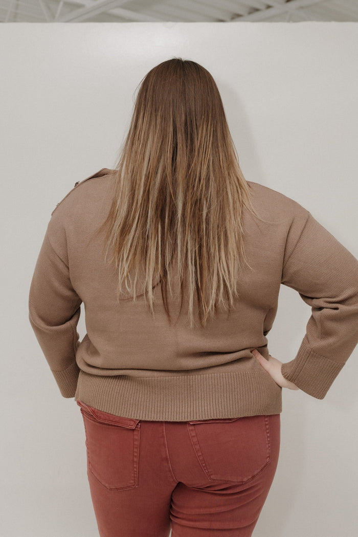 Cozy Mock - Neck Button Shoulder Sweater – Rich Sand - Love Marlow