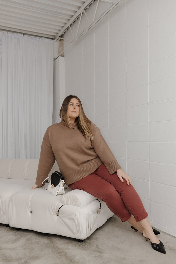 Cozy Mock - Neck Button Shoulder Sweater – Rich Sand - Love Marlow