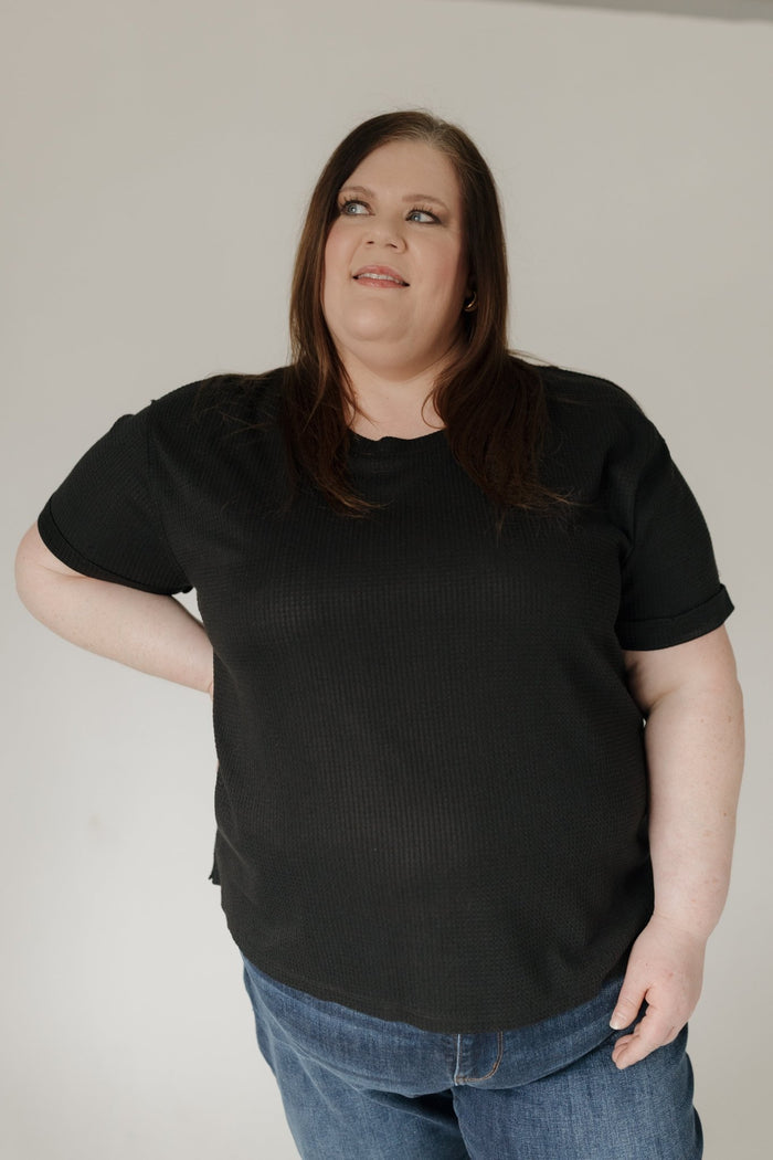 Crew Neck Rolled Cuff Thermal Tee – Black - Love Marlow
