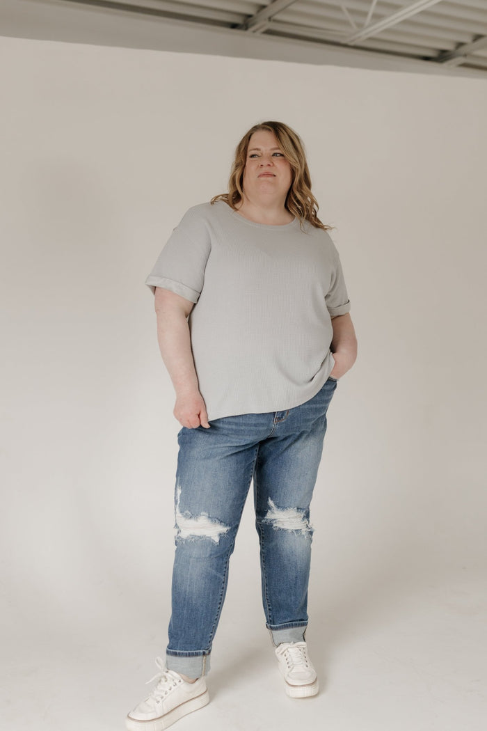 Crew Neck Rolled Cuff Thermal Tee – Pearl Grey - Love Marlow