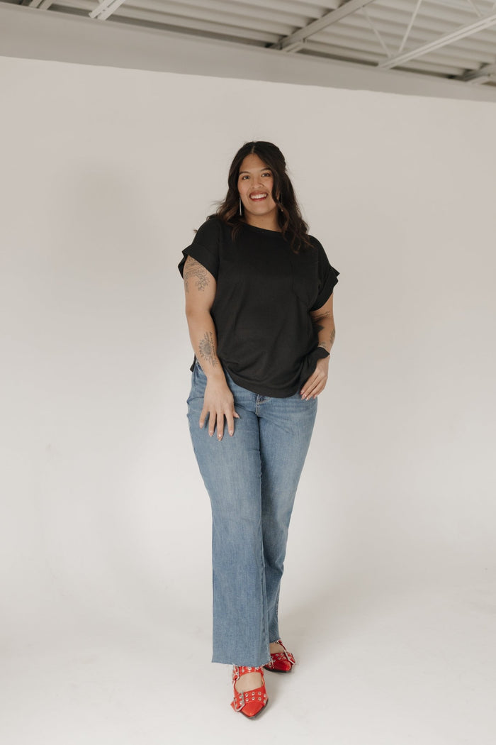 Crew Neck Thermal Dolman Tee with Front Pocket – Black - Love Marlow