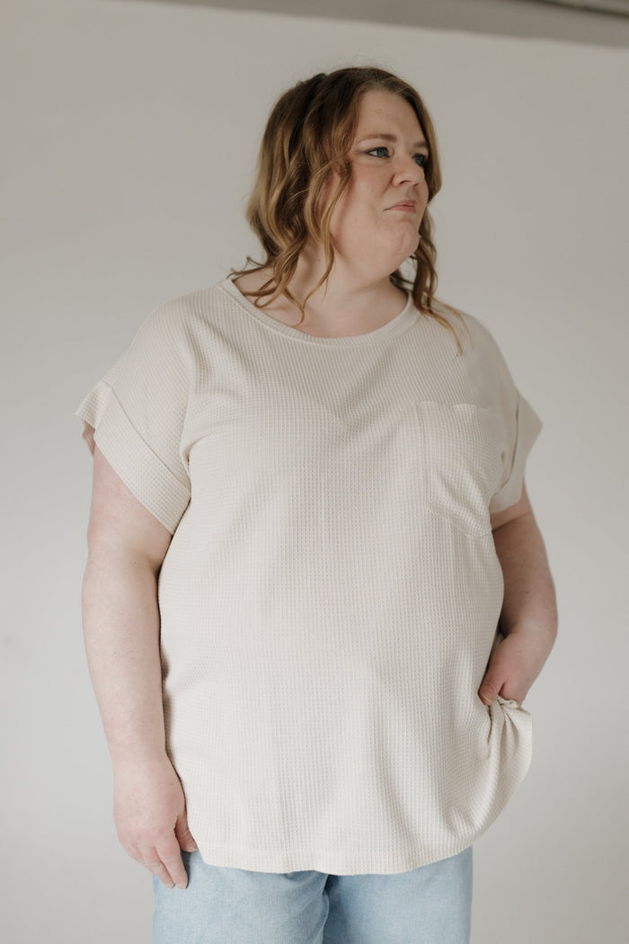 Crew Neck Thermal Dolman Tee with Front Pocket – Sand - Love Marlow