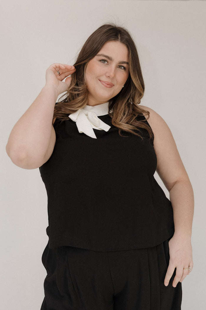 Crinkle Chiffon Tank – Floppy Bow Collar Top - Love Marlow