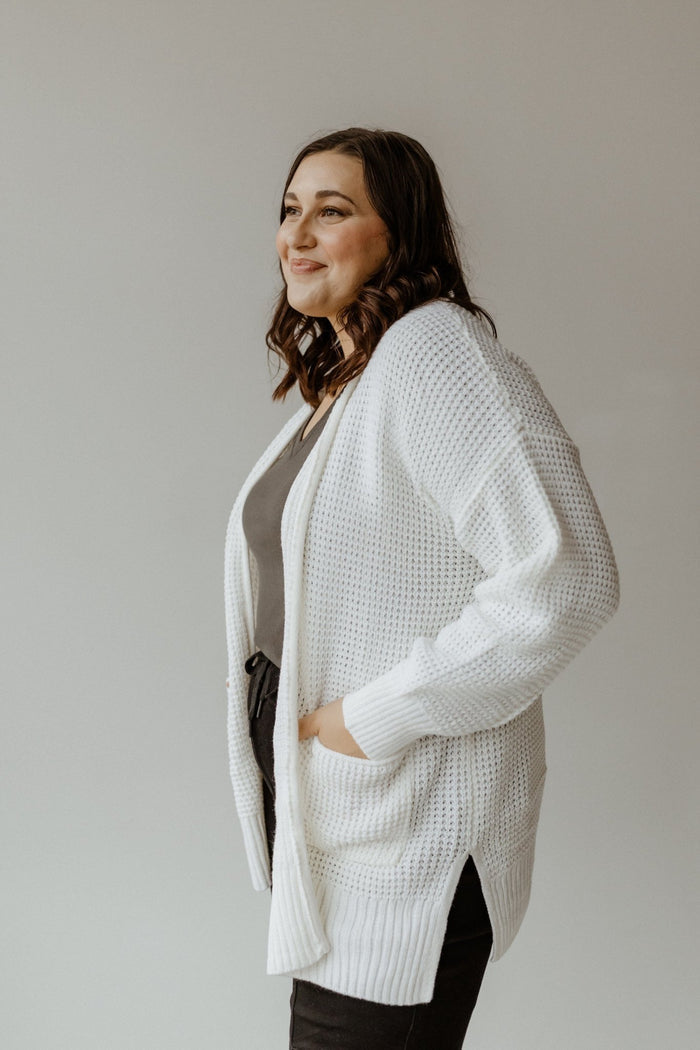 CROCHET KNIT OPEN FRONT CARDIGAN WITH POCKETS IN OFF - WHITE - Love Marlow
