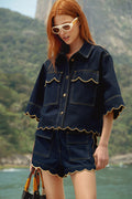 FARM Rio model wearing the Dark Denim Wavy Hem Short Sleeve Shirt