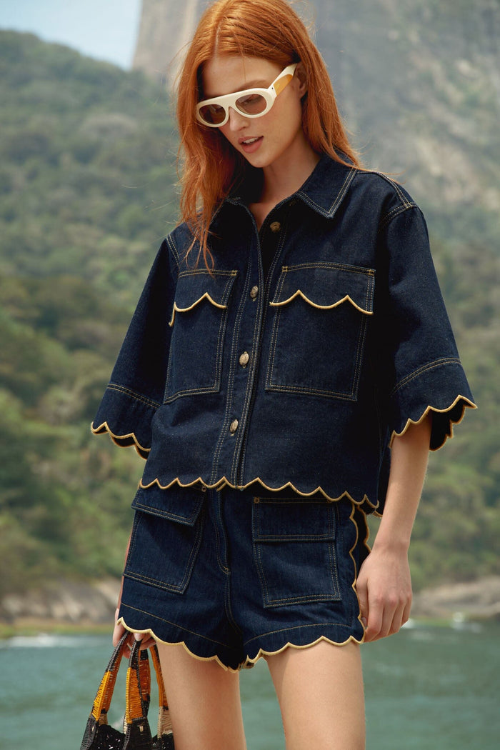 FARM Rio model wearing the Dark Denim Wavy Hem Short Sleeve Shirt