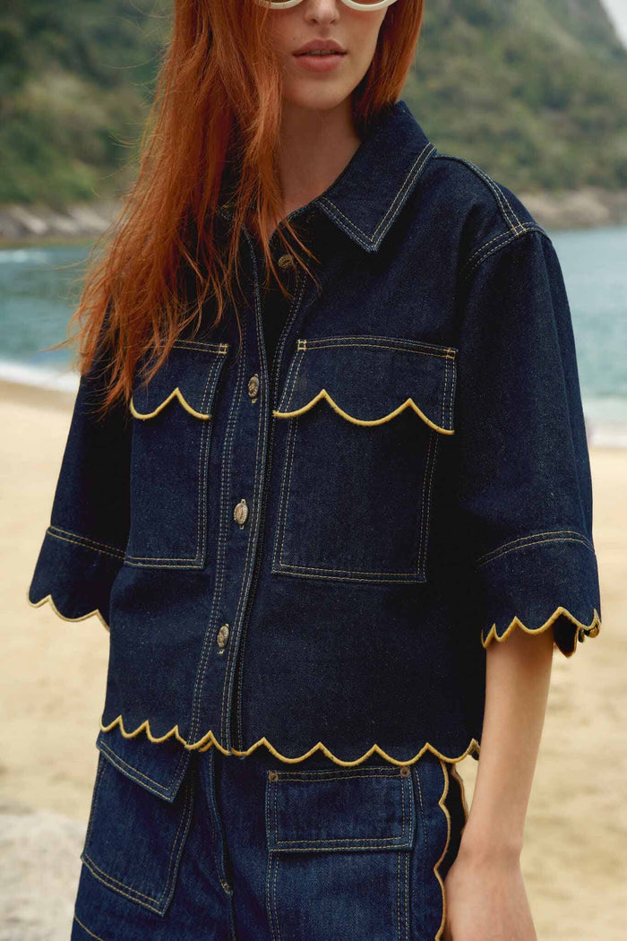 FARM Rio model wearing the Dark Denim Wavy Hem Short Sleeve Shirt