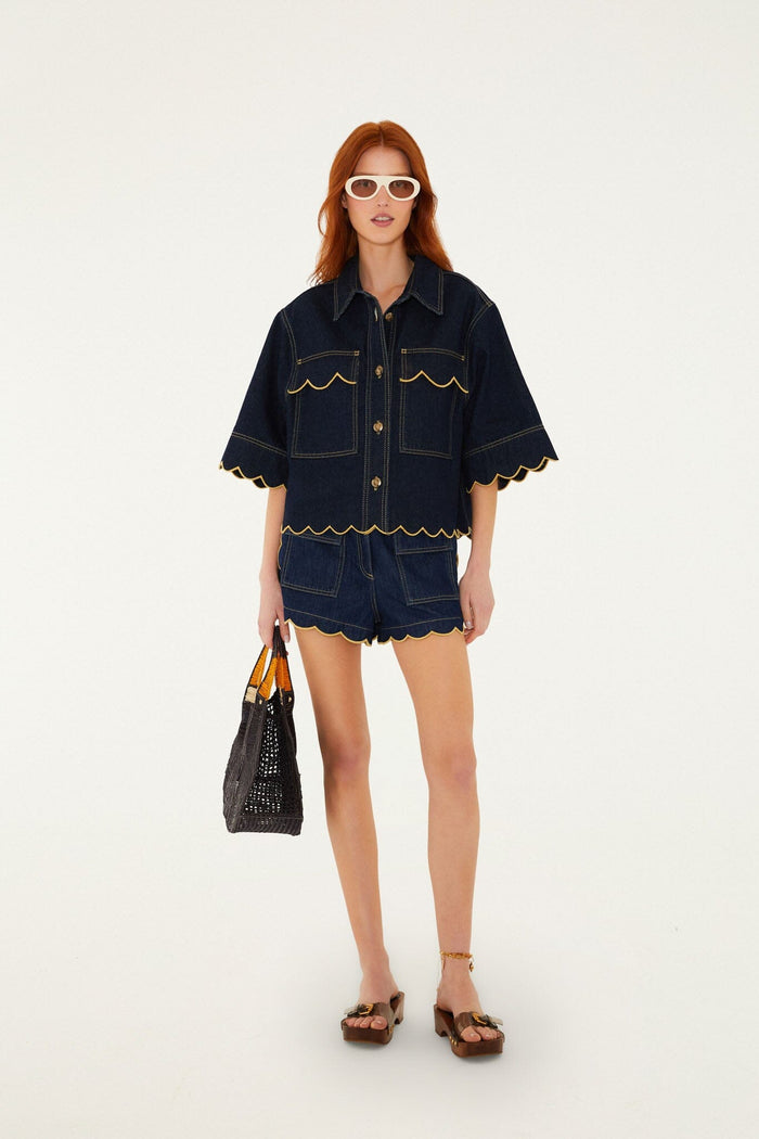 FARM Rio model wearing the Dark Denim Wavy Hem Short Sleeve Shirt