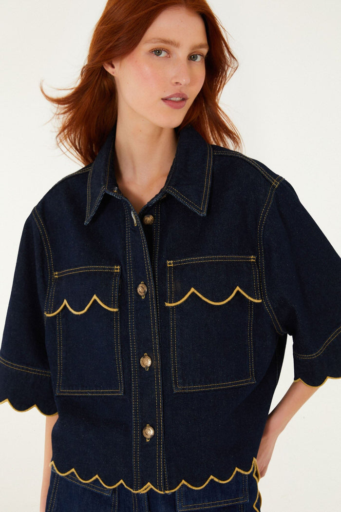 FARM Rio model wearing the Dark Denim Wavy Hem Short Sleeve Shirt
