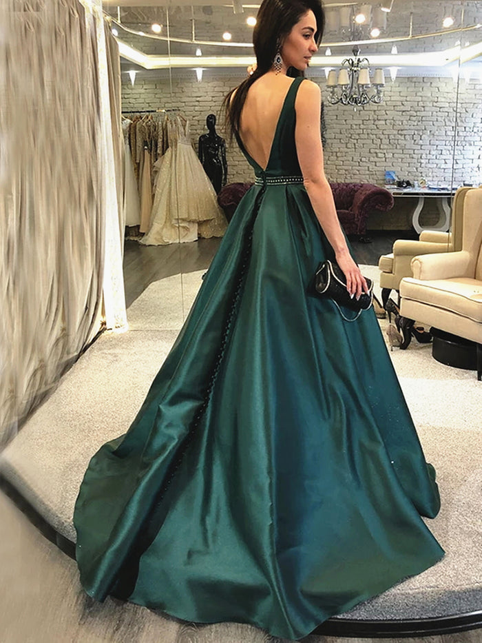 Dark Green V Neck Back Long Prom Dresses, Long Green Formal Evening Dresses