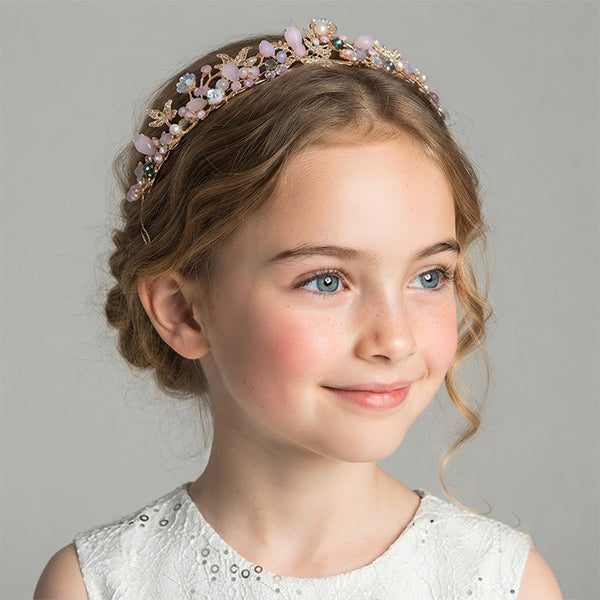 Delicate Floral Crown for Flower Girls – Gold Hair Vine with Crystals