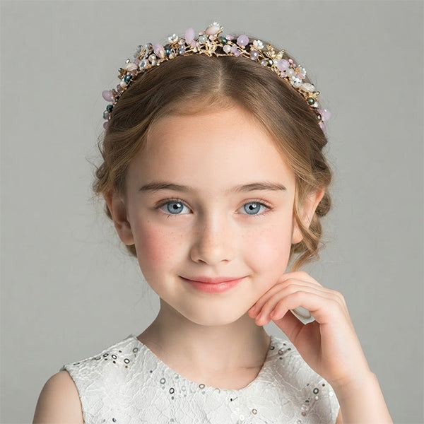 Delicate Floral Crown for Flower Girls – Gold Hair Vine with Crystals