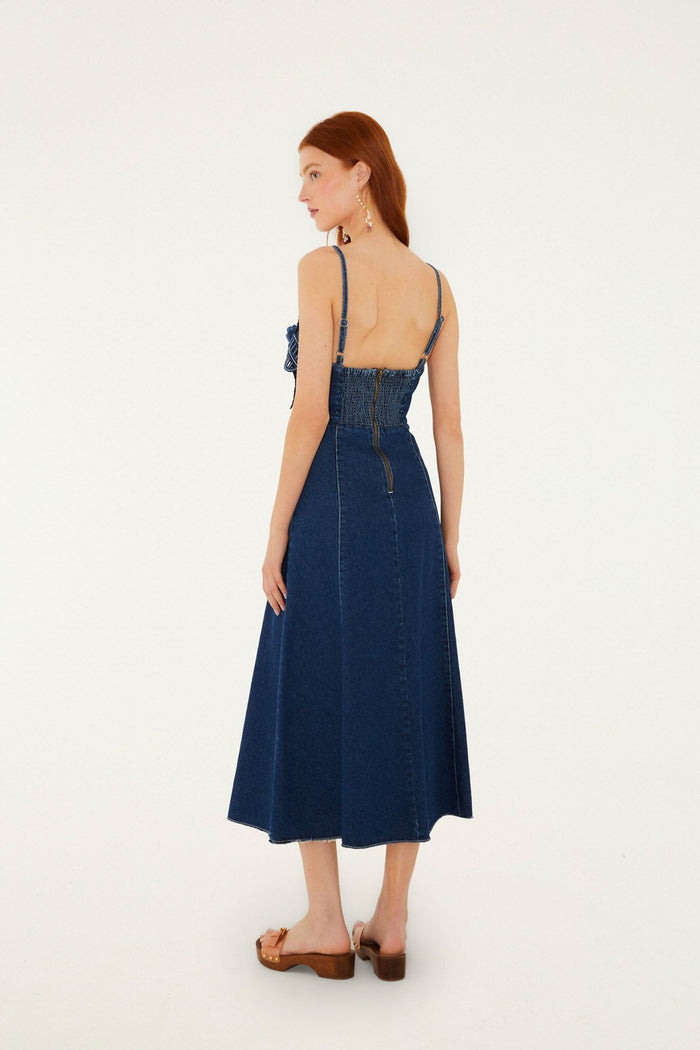FARM Rio model wearing the Denim Flower Dress