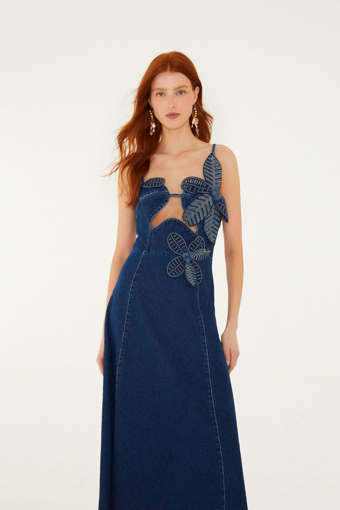 FARM Rio model wearing the Denim Flower Dress