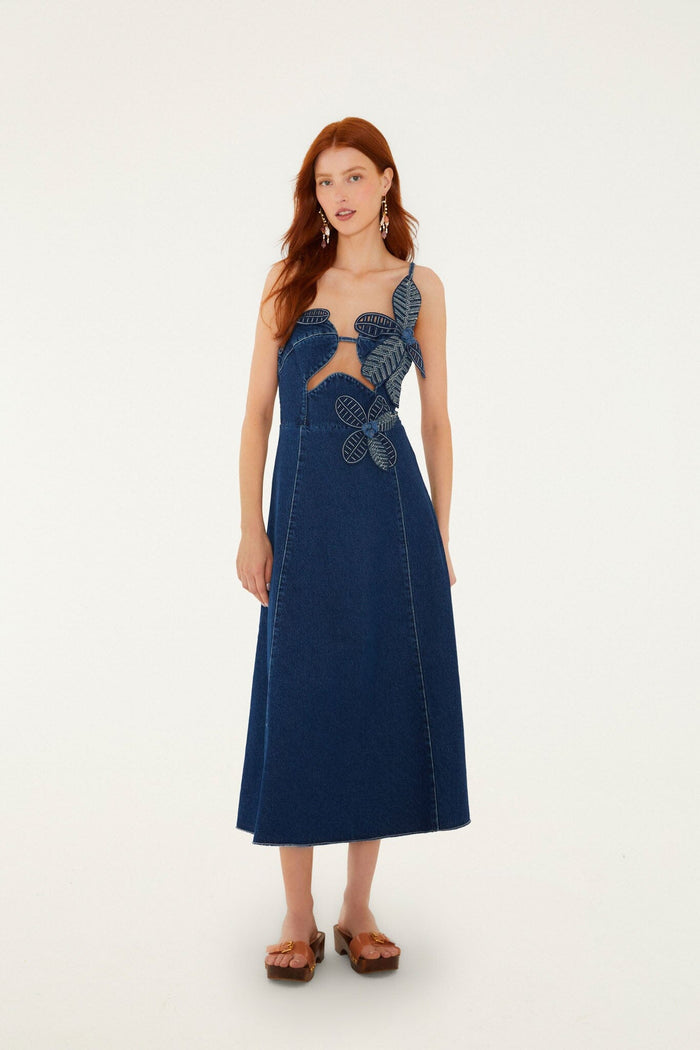 FARM Rio model wearing the Denim Flower Dress