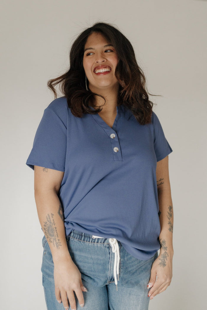 Denim Blue Double Button Ribbed V - Neck Boyfriend Tee - Love Marlow