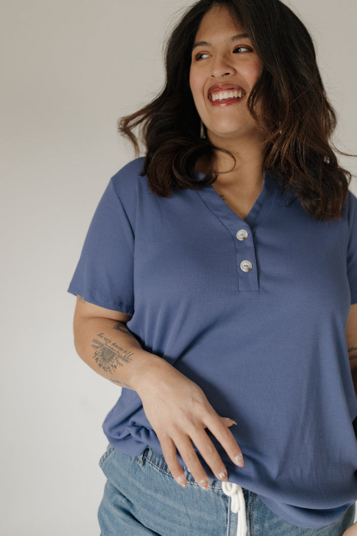 Denim Blue Double Button Ribbed V-Neck Boyfriend Tee