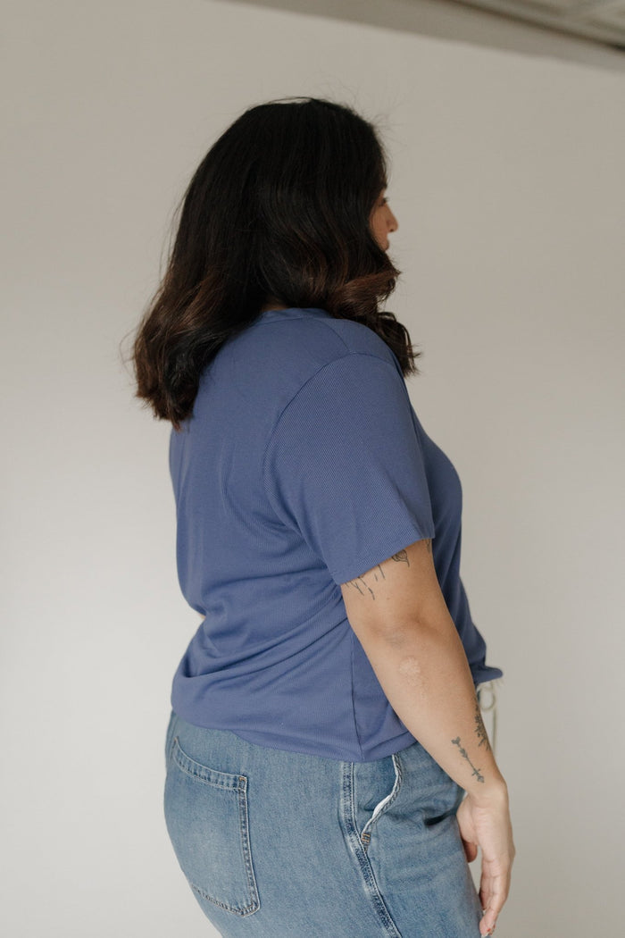 Denim Blue Double Button Ribbed V - Neck Boyfriend Tee - Love Marlow