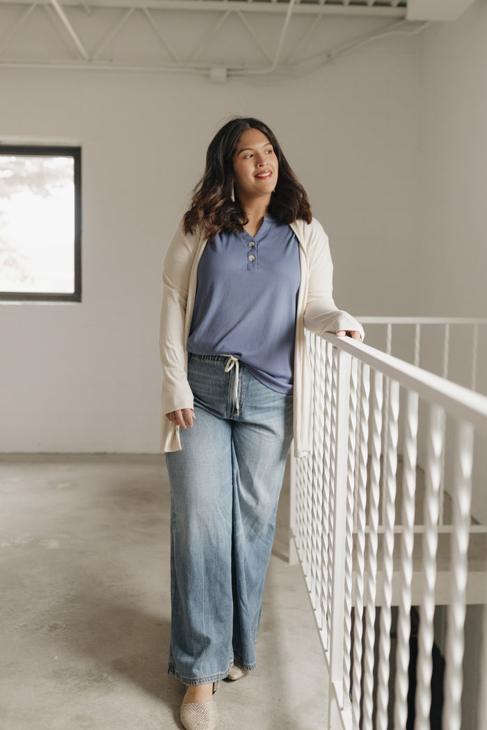 Denim Blue Double Button Ribbed V-Neck Boyfriend Tee