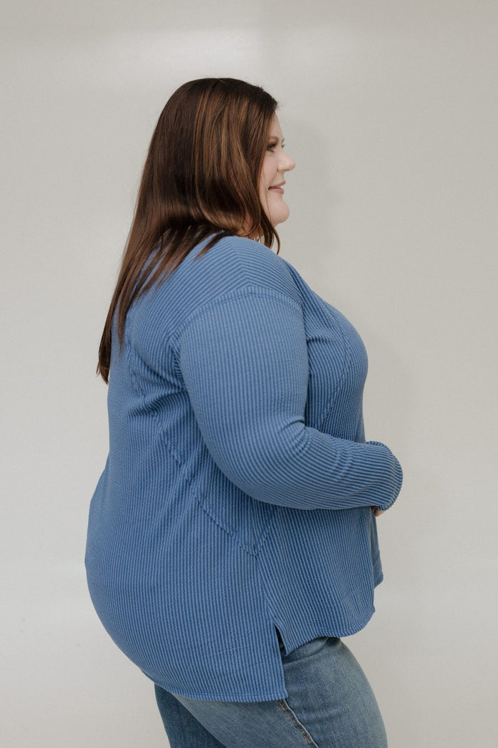 DENIM BLUE RIBBED RAGLAN SLEEVE V - NECK LONG SLEEVE KNIT TEE - Love Marlow
