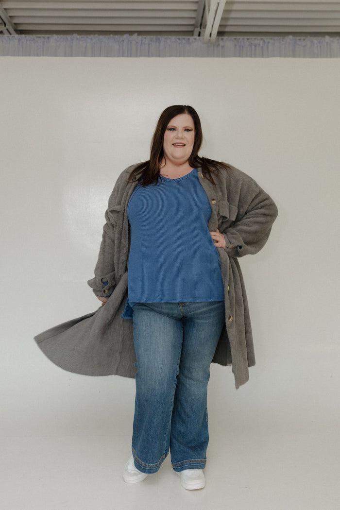 DENIM BLUE RIBBED RAGLAN SLEEVE V - NECK LONG SLEEVE KNIT TEE - Love Marlow
