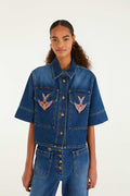 FARM Rio model wearing the Denim Porcelain Birds Embroidered Shirt