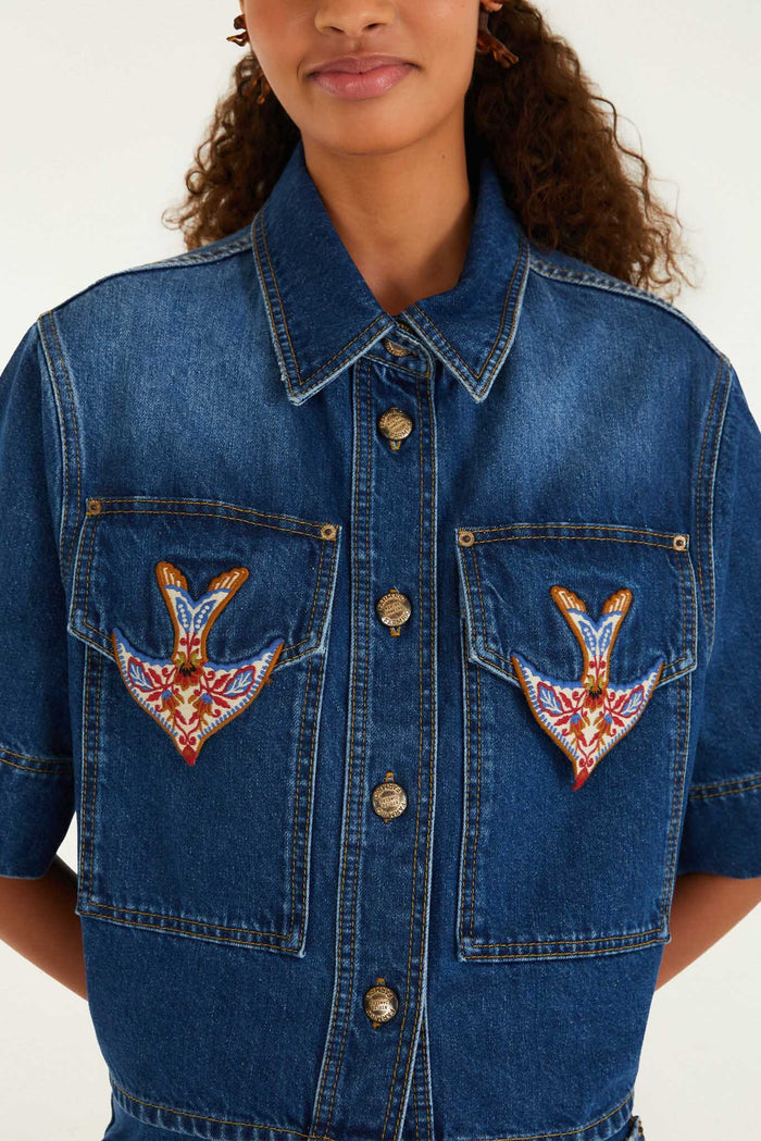 FARM Rio model wearing the Denim Porcelain Birds Embroidered Shirt