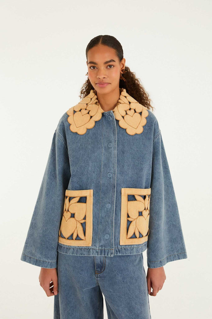 FARM Rio model wearing the Denim Richelieu Barn Jacket