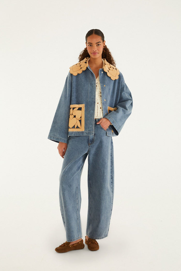 FARM Rio model wearing the Denim Richelieu Barn Jacket