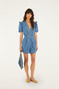 Denim Ruffled Puff Sleeve Romper