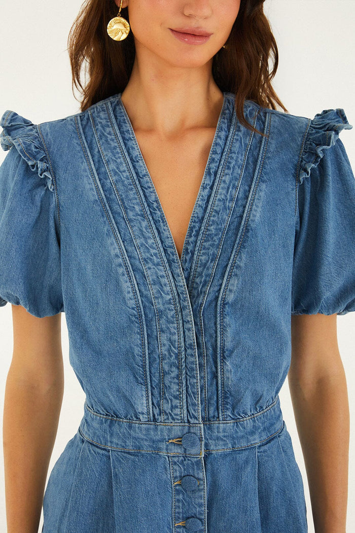 Denim Ruffled Puff Sleeve Romper