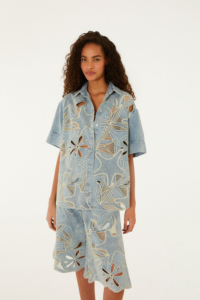 Denim Sea Desire Embroidered Bermuda Shorts