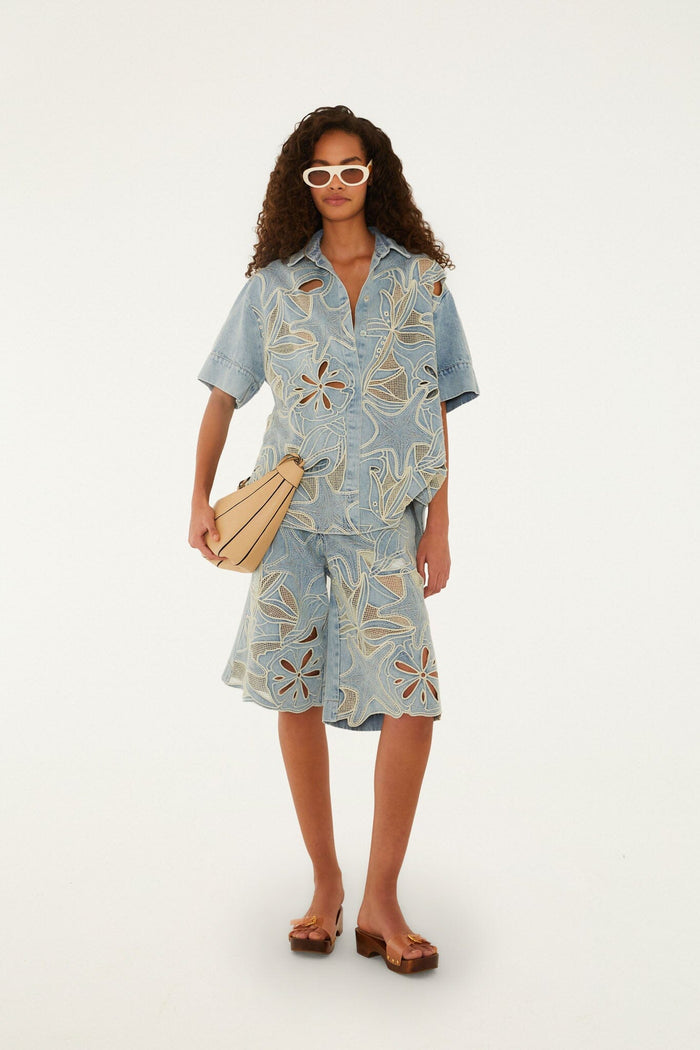Denim Sea Desire Embroidered Bermuda Shorts