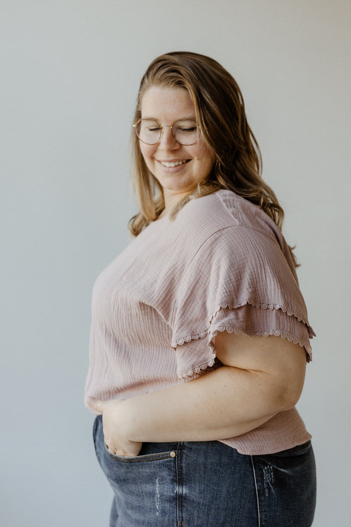 DOLMAN SLEEVE BLOUSE WITH RUFFLES AND LACE TRIM IN FROSTED ROSE PETALS - Love Marlow