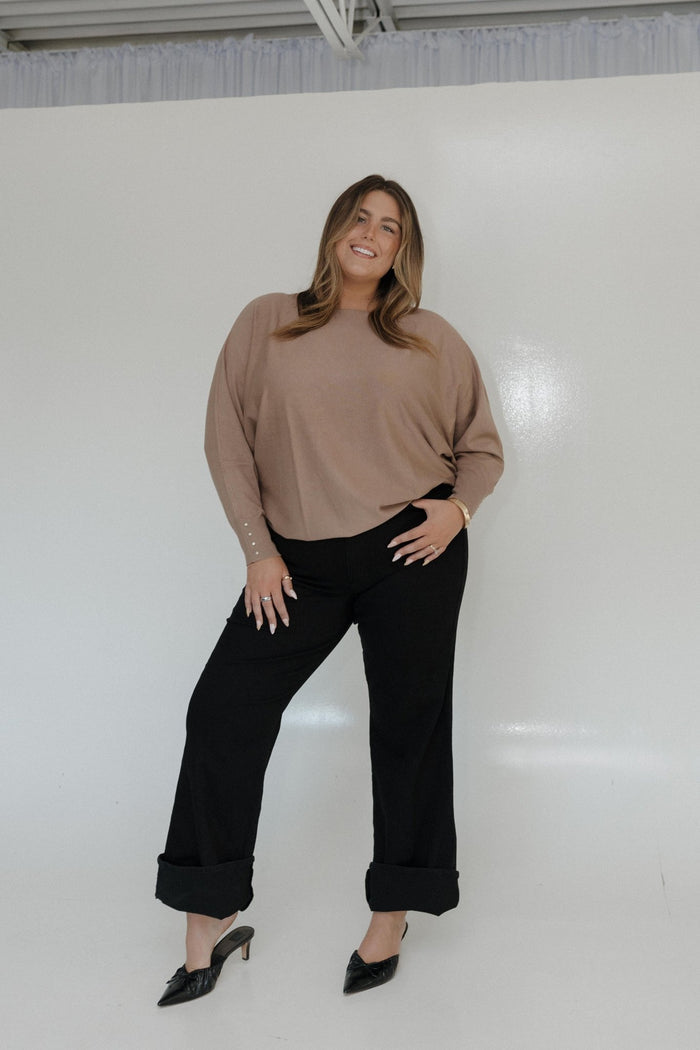 DOLMAN SWEATER WITH BUTTON DETAILS IN MOCHA - Love Marlow