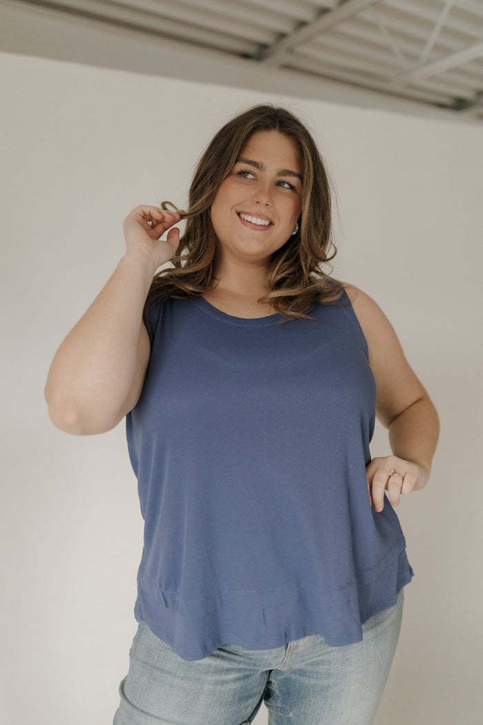 Double Hem Raw Edge Ribbed Scoop Neck Tank – Denim Blue - Love Marlow
