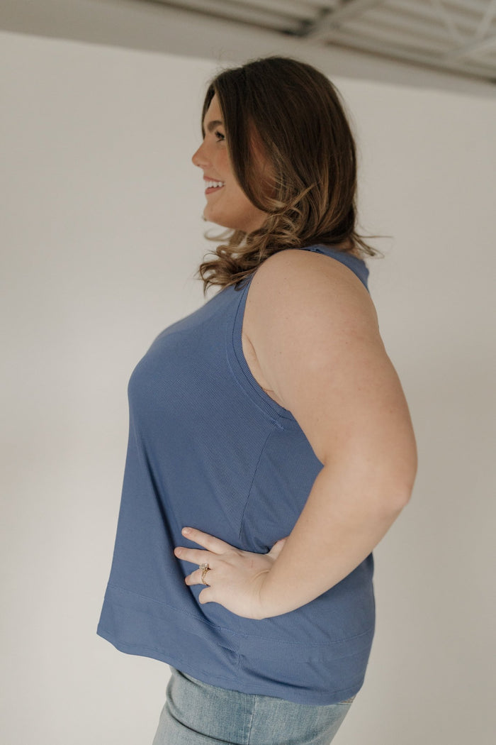 Double Hem Raw Edge Ribbed Scoop Neck Tank – Denim Blue - Love Marlow