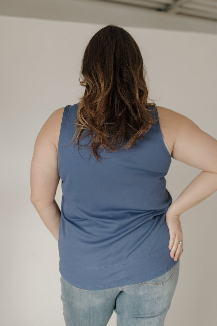 Double Hem Raw Edge Ribbed Scoop Neck Tank – Denim Blue - Love Marlow