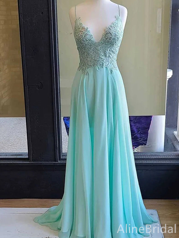 Elagant Blue Chiffon A-line Long Prom Dress, Open Back Lace Apllique Evening Dress, PD37913