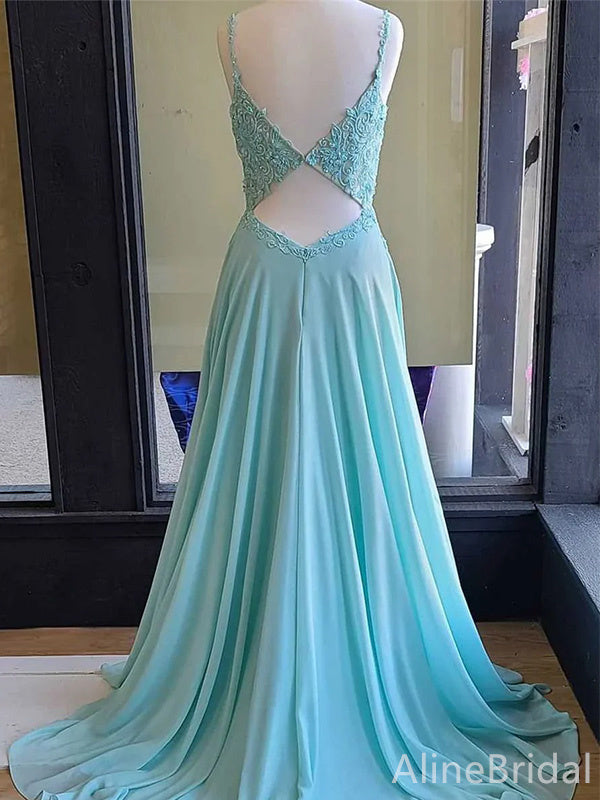 Elagant Blue Chiffon A-line Long Prom Dress, Open Back Lace Apllique Evening Dress, PD37913