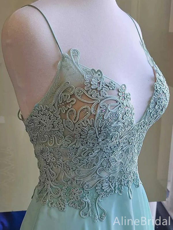 Elagant Blue Chiffon A-line Long Prom Dress, Open Back Lace Apllique Evening Dress, PD37913