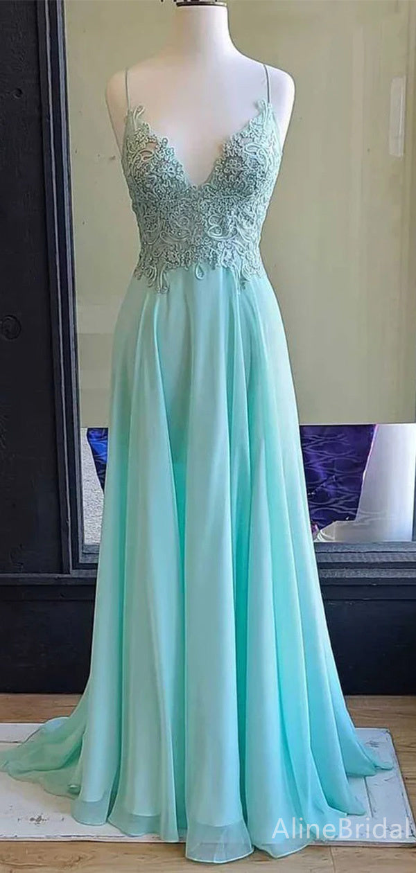 Elagant Blue Chiffon A-line Long Prom Dress, Open Back Lace Apllique Evening Dress, PD37913