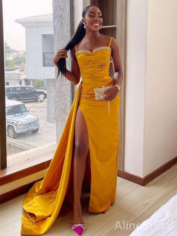 Elegant BeadingSpaghetti Strap Yellow Side Slit Mermaid Long Prom Dress,PD38030