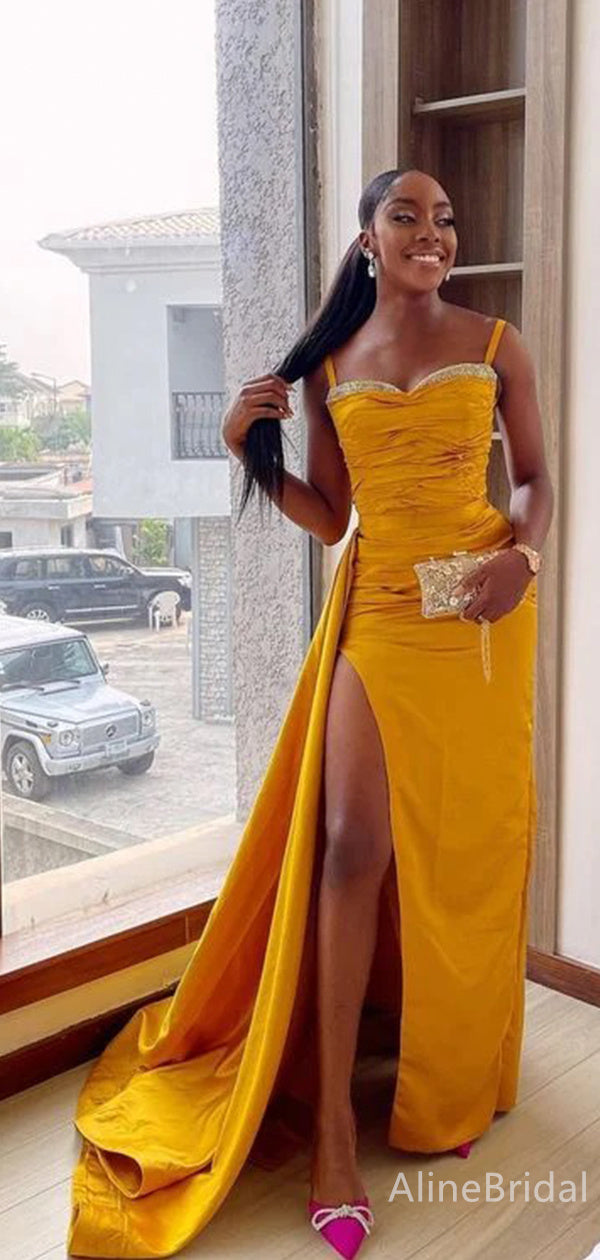 Elegant BeadingSpaghetti Strap Yellow Side Slit Mermaid Long Prom Dress,PD38030