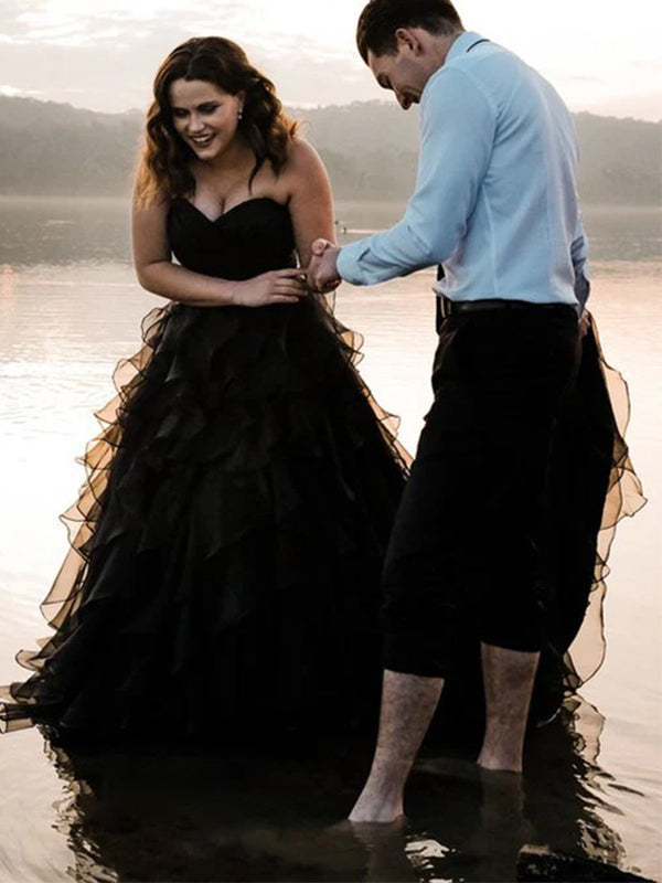 Elegant Black Strapless A-line Ruffled Tiered Chiffon Wdding Dress, WD3231