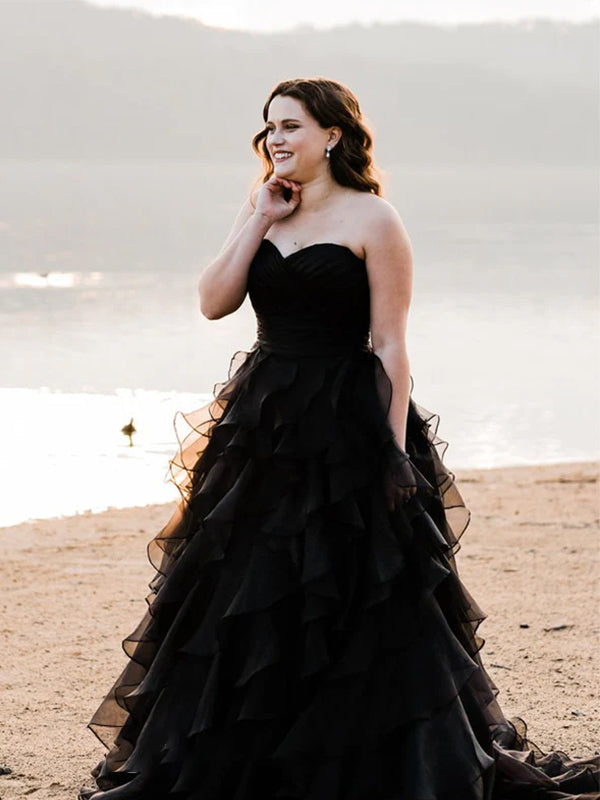 Elegant Black Strapless A-line Ruffled Tiered Chiffon Wdding Dress, WD3231