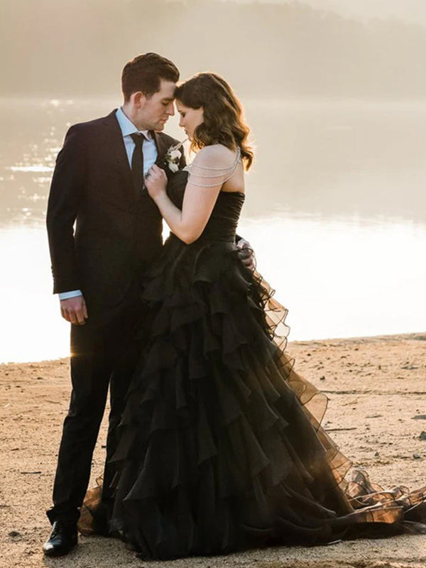 Elegant Black Strapless A-line Ruffled Tiered Chiffon Wdding Dress, WD3231