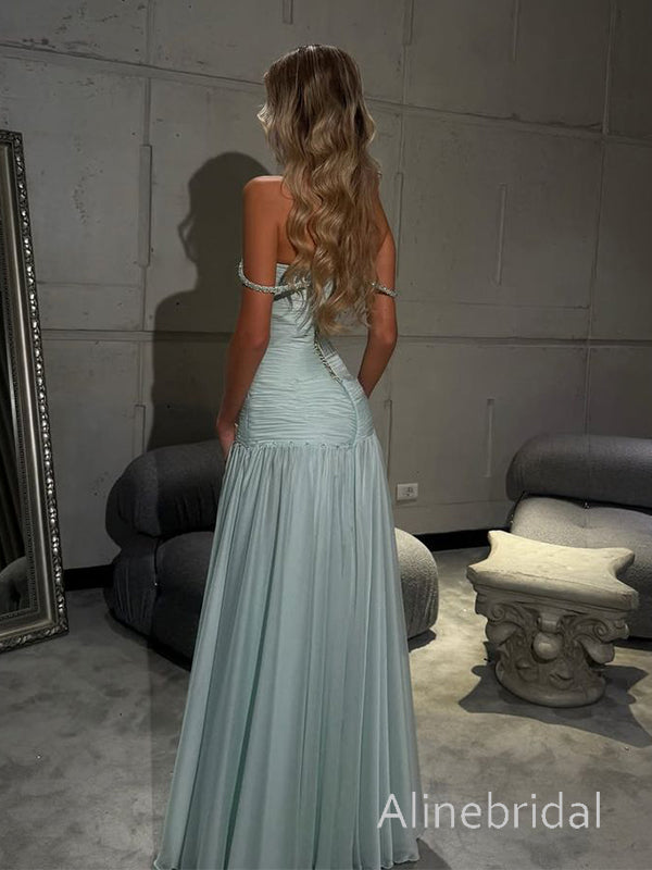 Elegant Blue Chiffon Off the Shoulder A-line Long Prom Dress, Evening Dress, PD3823009